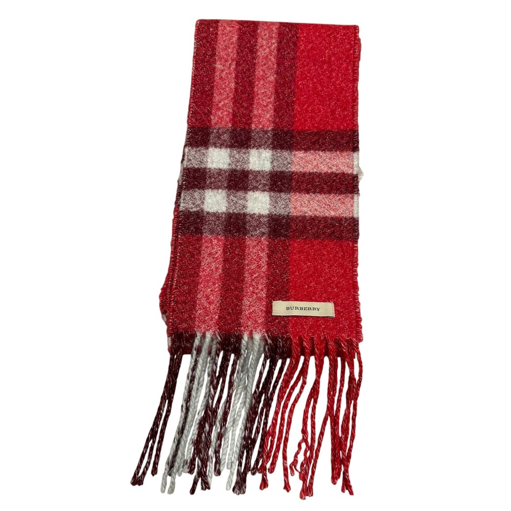 Burberry Nova Check Plaid Wool Blend Scarf Red White Burgundy Fringe Long Thin - Picture 2 of 6